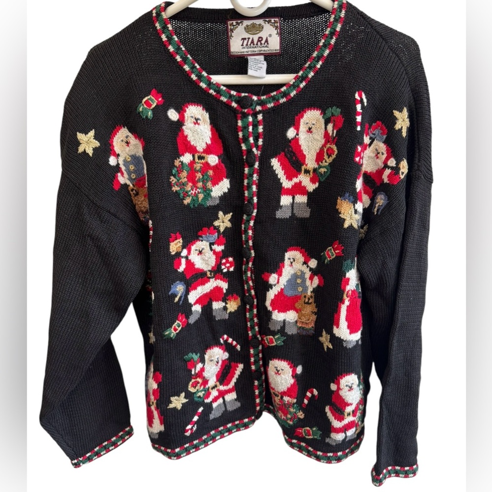 Tiara International Christmas Santa Sweater Button Up Cardigan Womenβs Large NEW